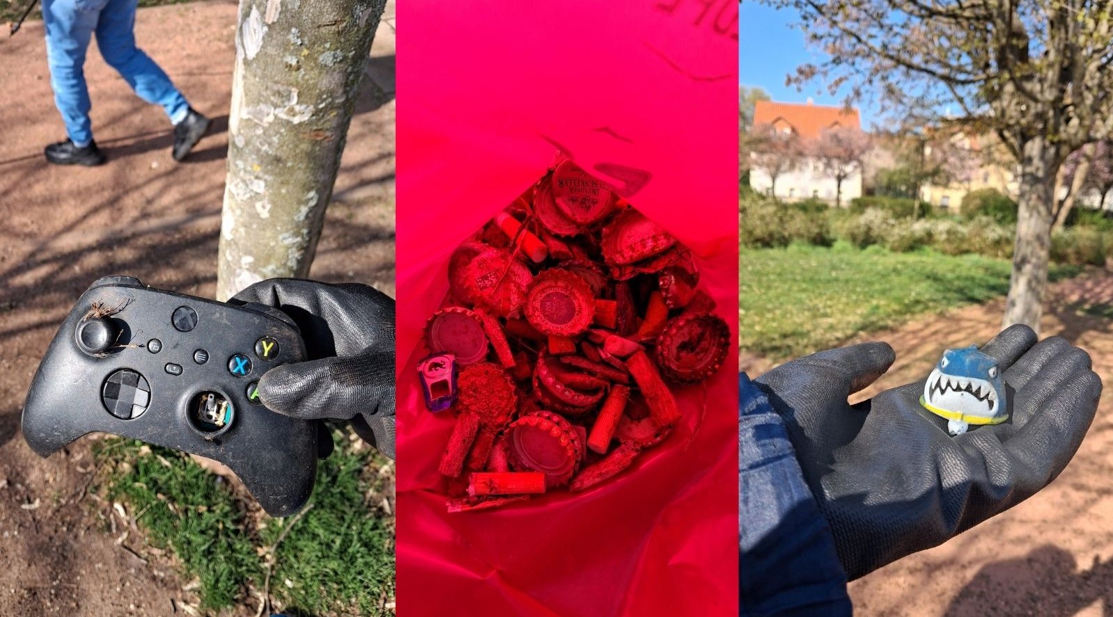 Auf dem Bild sieht man exemplarische Beispiele, was alles Beim Müllsammeln gefunden wurde. Zu sehen sind zum Beispiel: ein Controller, eine Mini-Hai-Figur und Kronkorken.